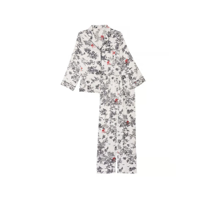 Сатинова піжама Satin Long Pajama Set White Floral Print