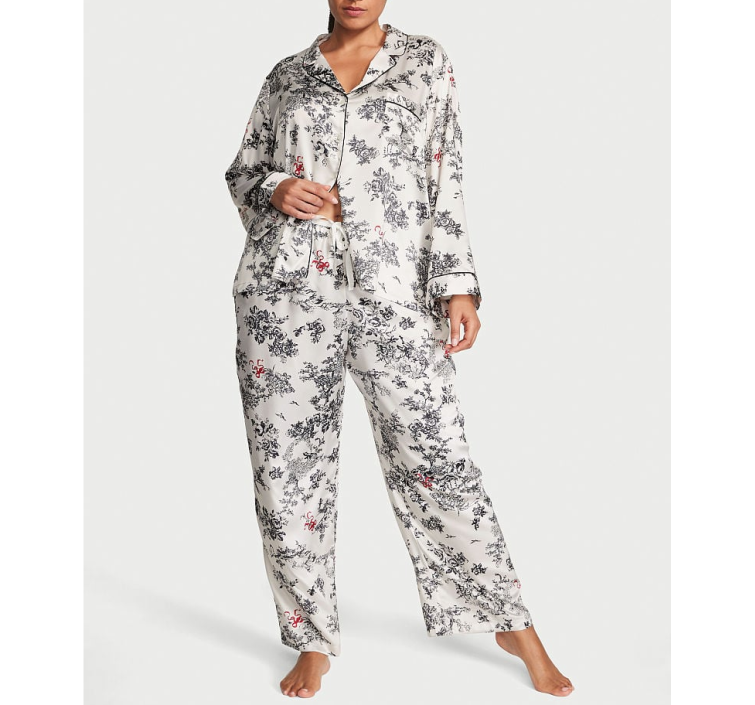 Сатинова піжама Satin Long Pajama Set White Floral Print