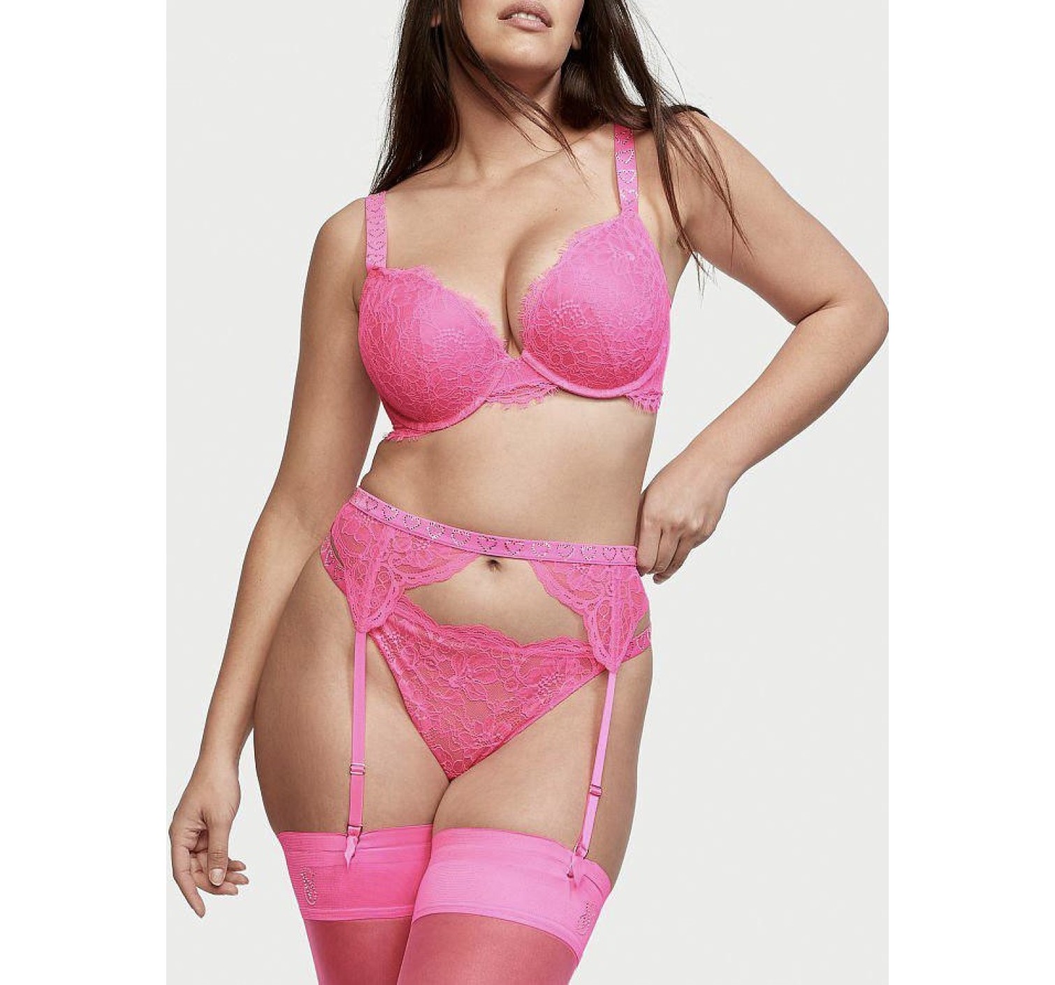 Комплект белья Victoria’s Secret Shine Strap Heart Atomic Pink Lace Bra Set