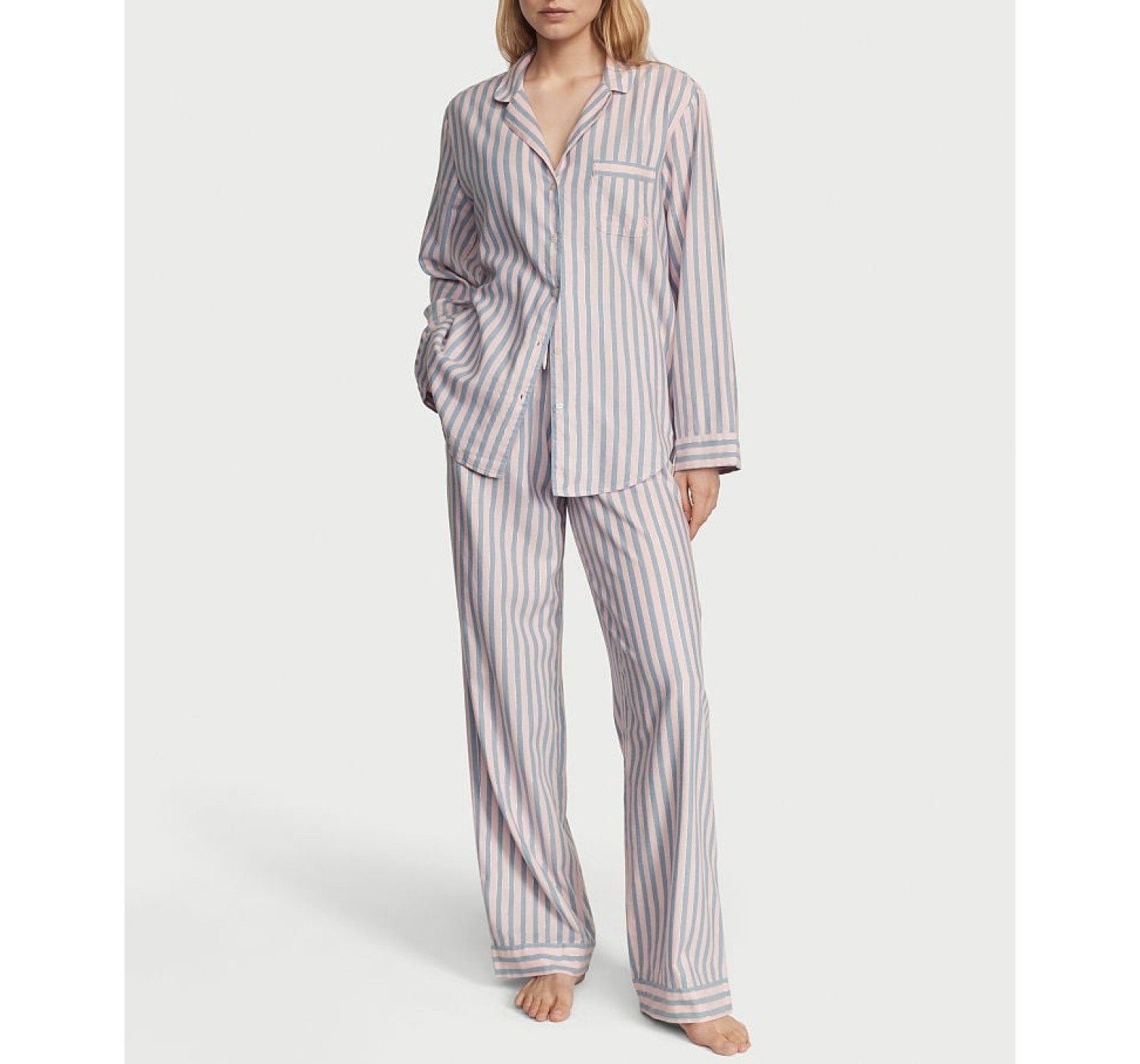 Піжама Victoria's Secret Flannel Long Pj set Pink Blue Classic Stripe