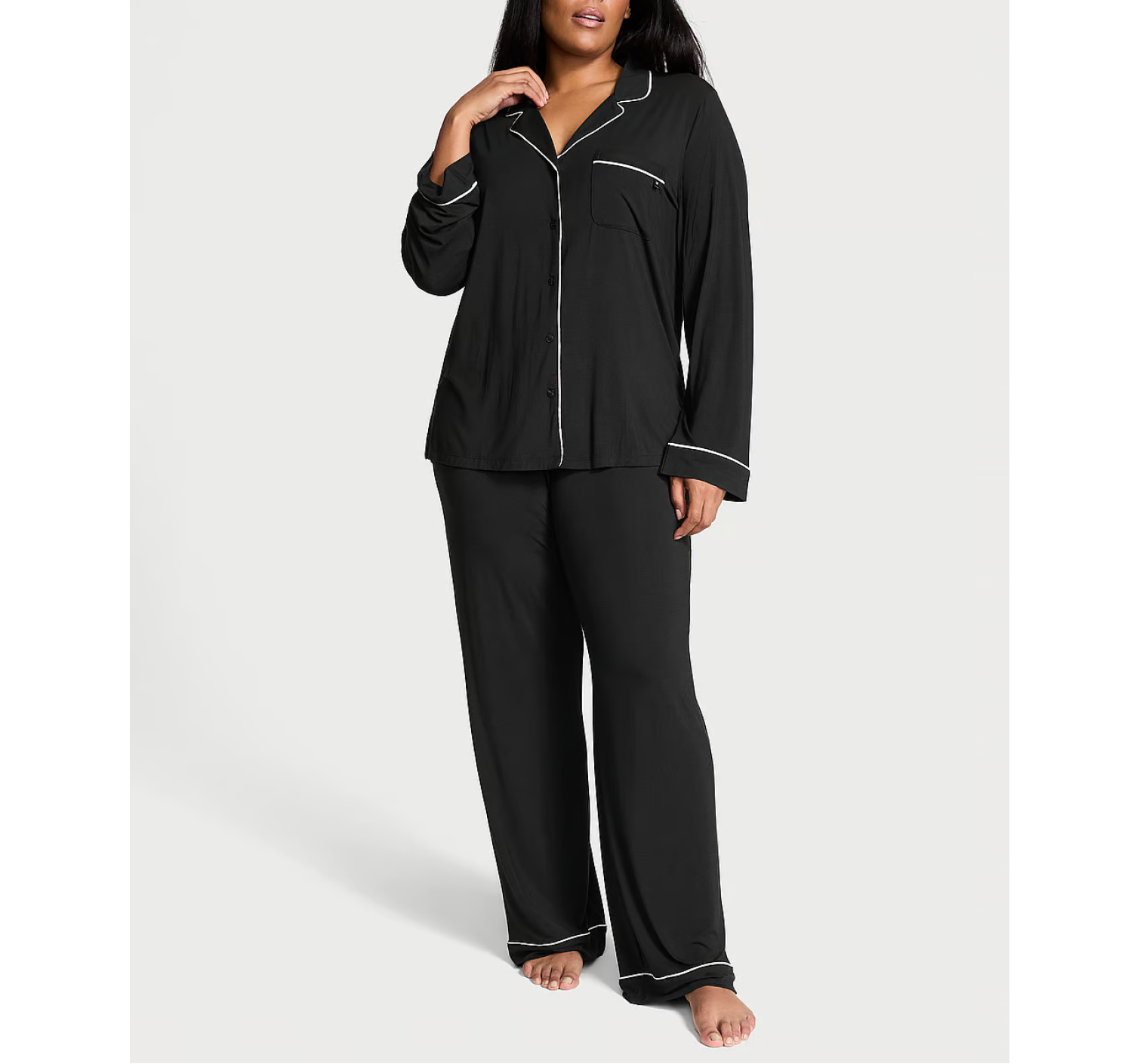 Пижама чорная Modal Long Pj Set Black Angel Pink Piping