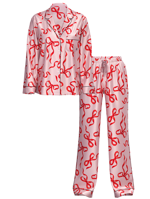 Сатинова піжама Glazed Satin Long Pajama Set Chalk Rose Bows