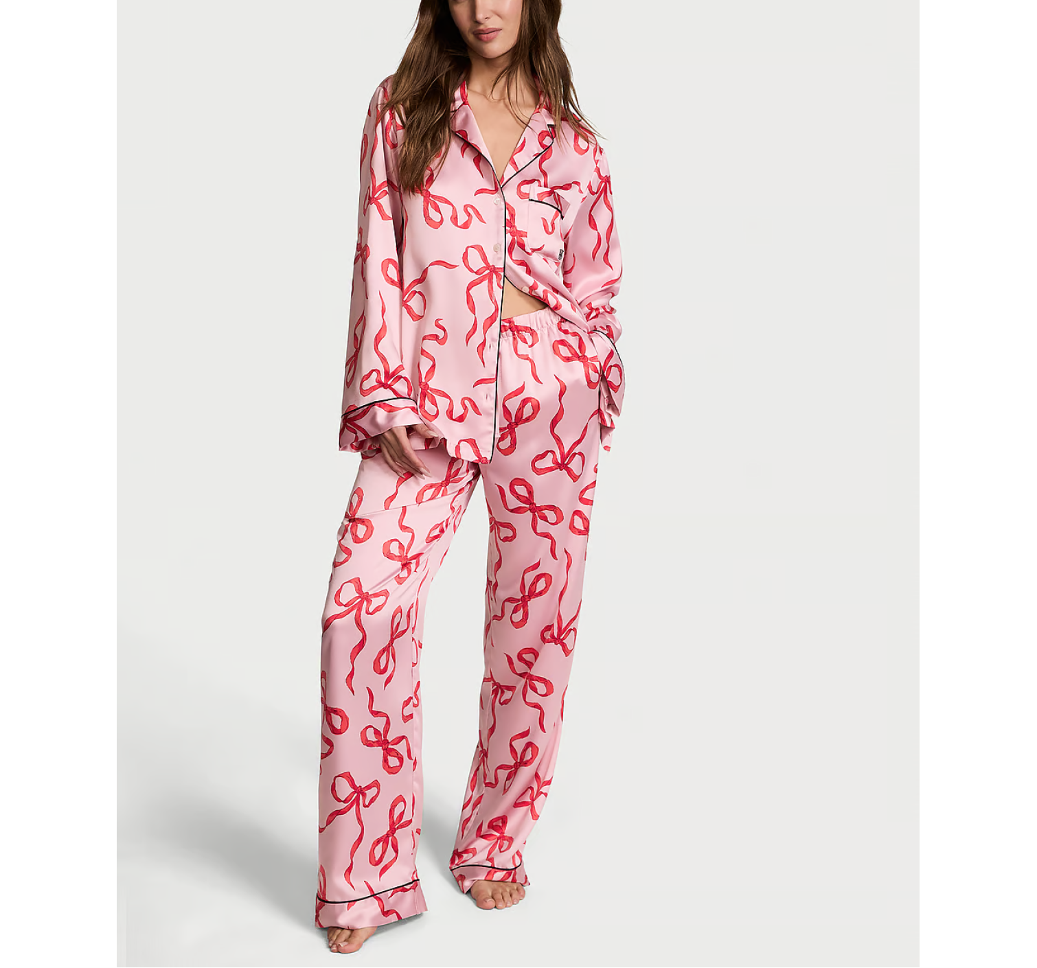 Сатинова піжама Glazed Satin Long Pajama Set Chalk Rose Bows