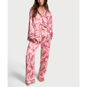 Сатинова піжама Glazed Satin Long Pajama Set Chalk Rose Bows