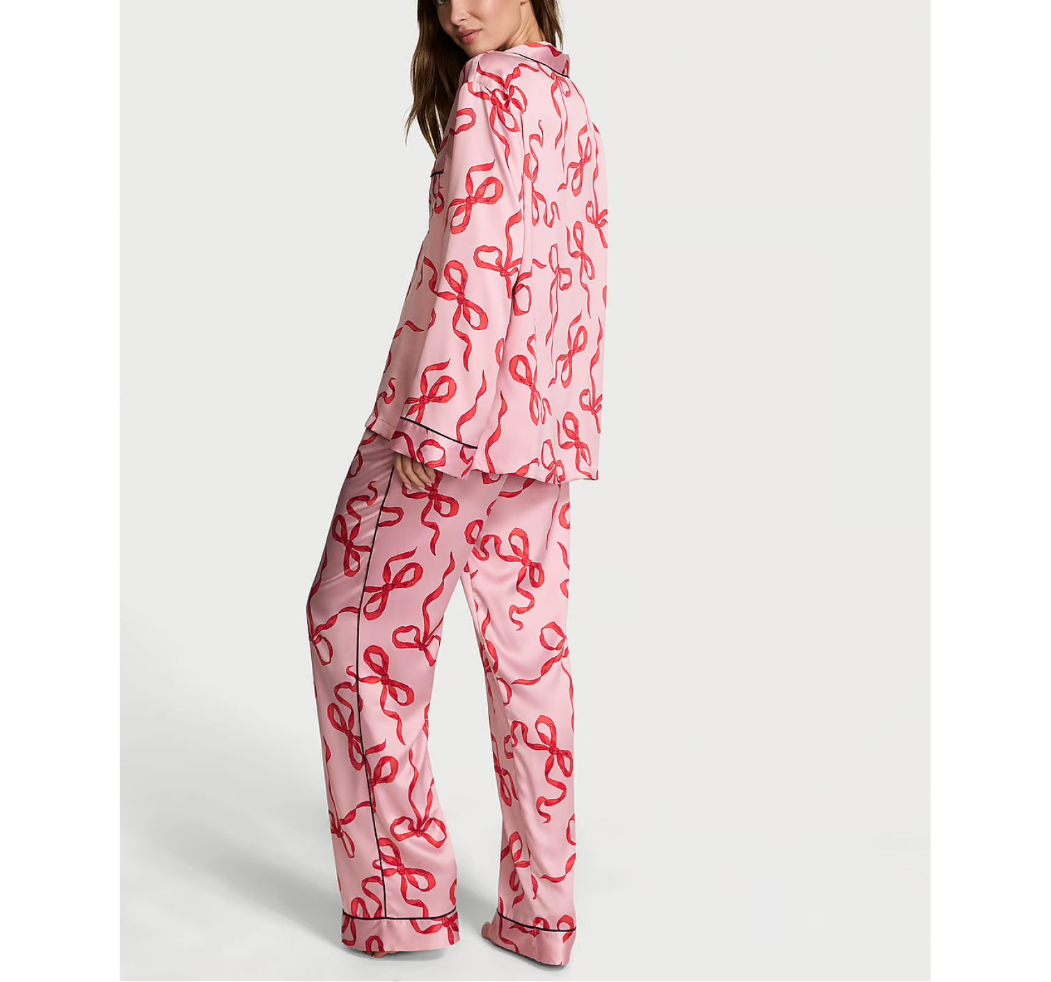 Сатинова піжама Glazed Satin Long Pajama Set Chalk Rose Bows