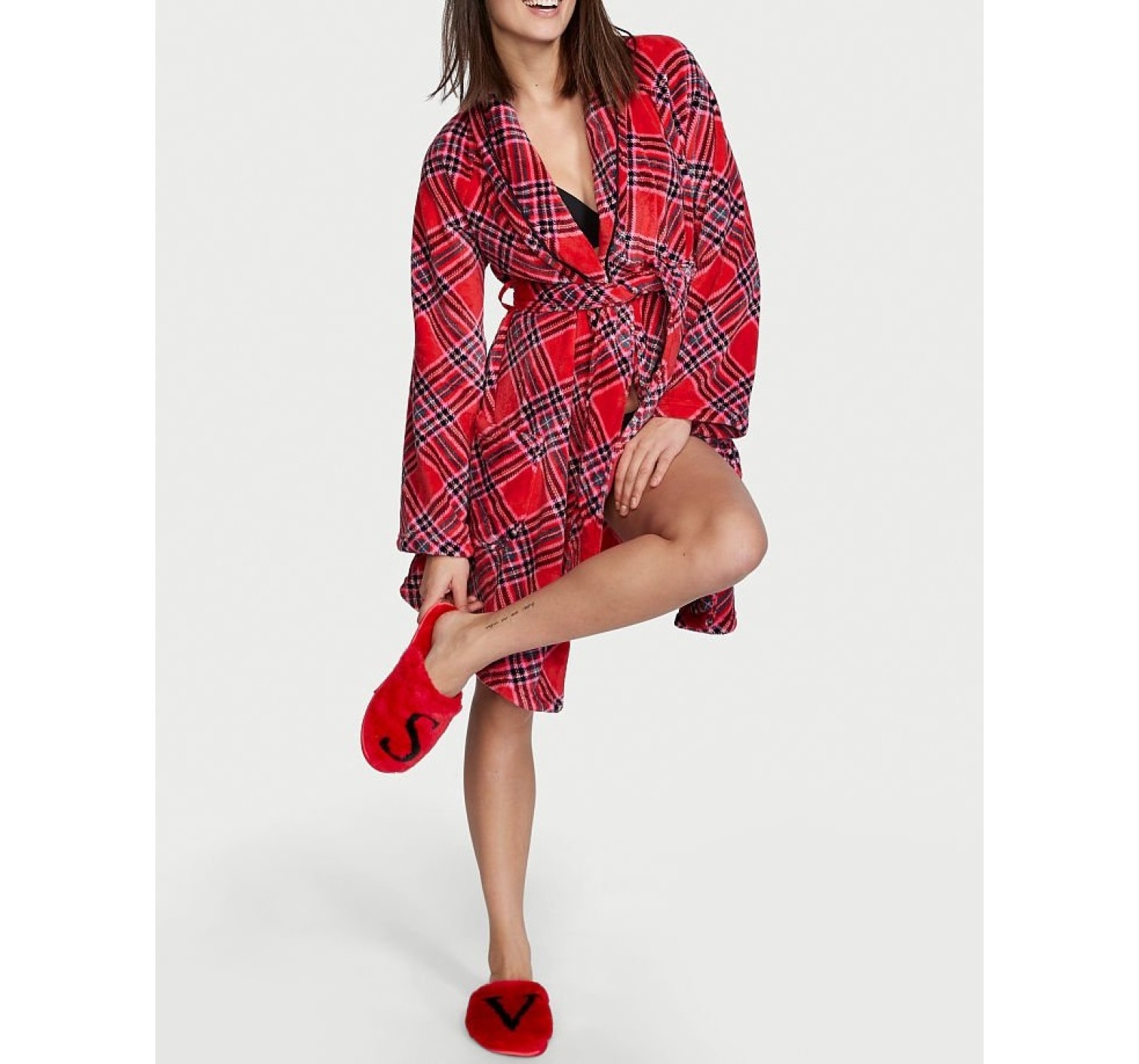 Халат Victoria's Secret Logo Short Cozy Robe Red plaid