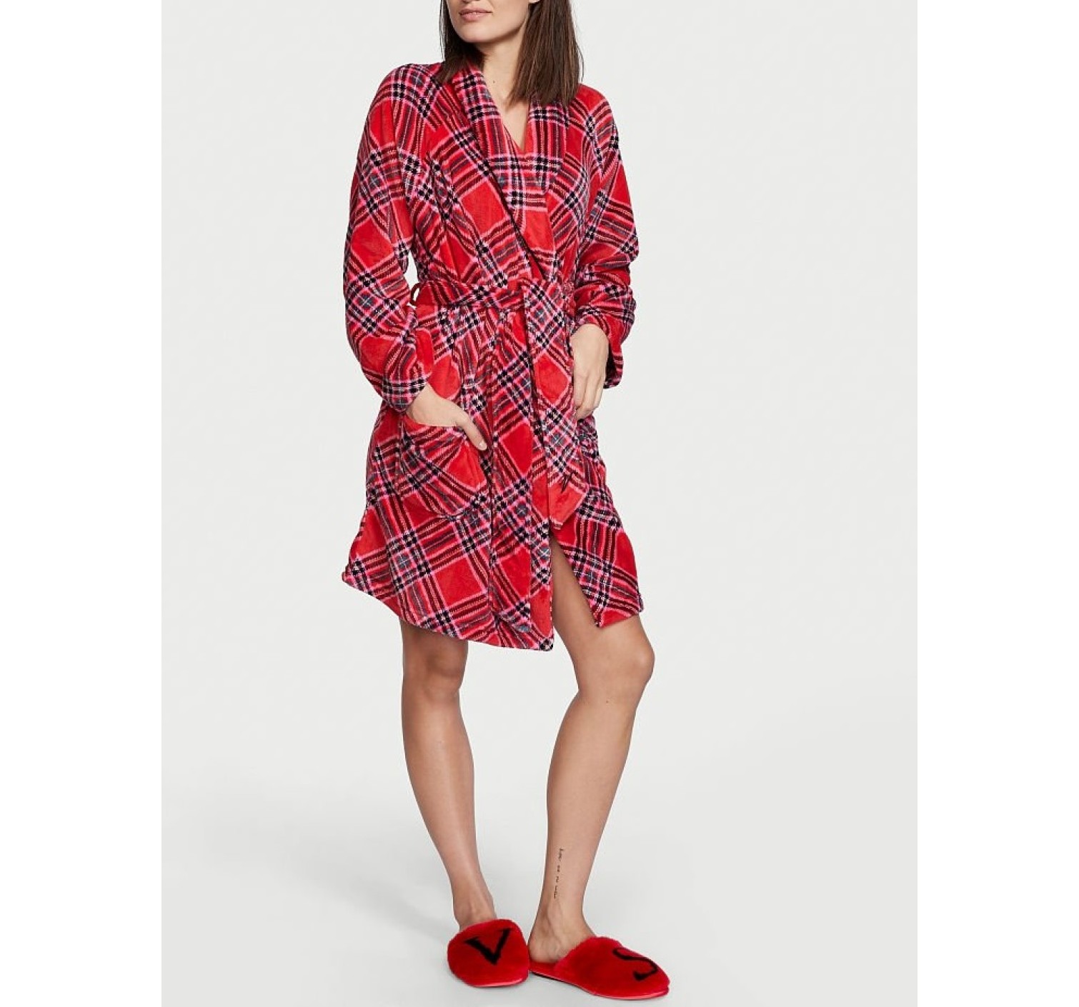 Халат Victoria's Secret Logo Short Cozy Robe Red plaid