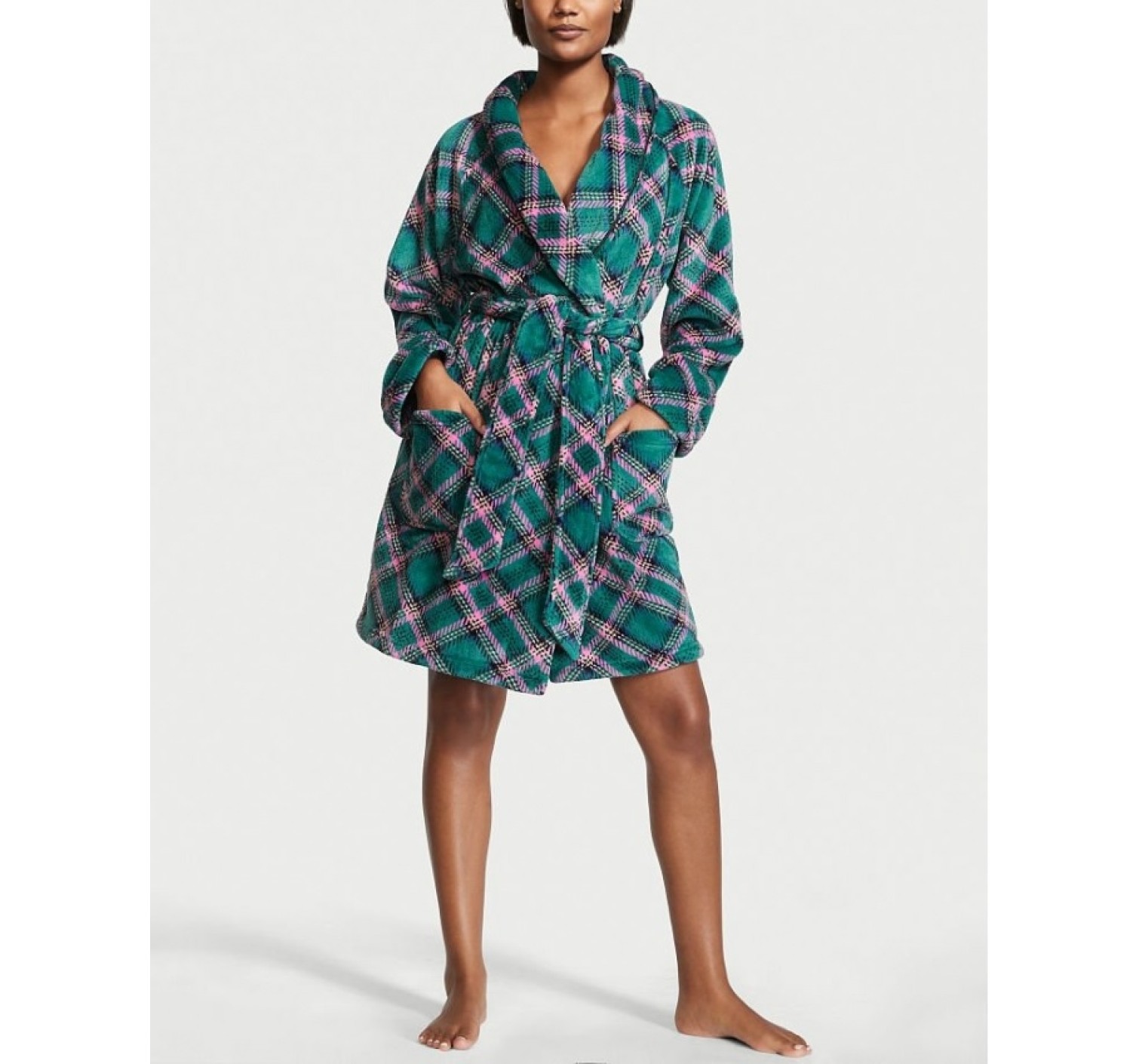 Халат Victoria's Secret Logo Short Cozy Robe Green plaid