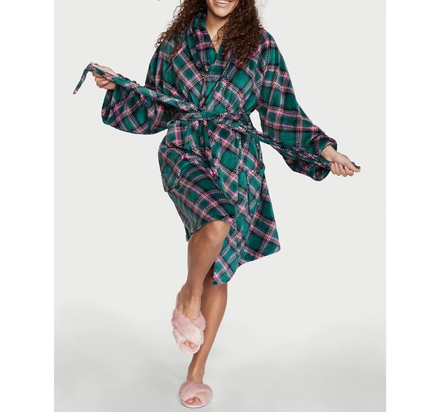 Халат Victoria's Secret Logo Short Cozy Robe Green plaid
