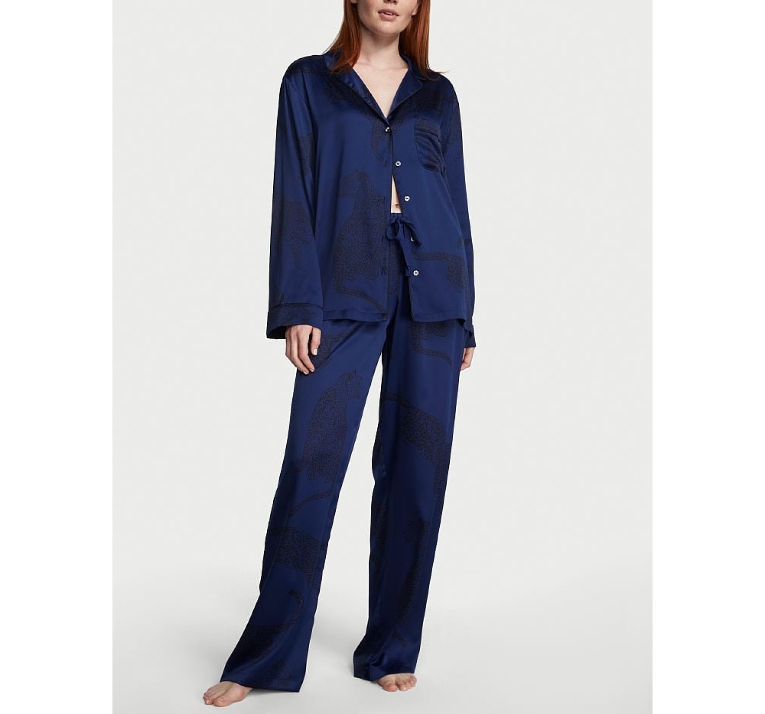 Піжама Victoria Secret The Satin Long PJ Set Blue Leopard print