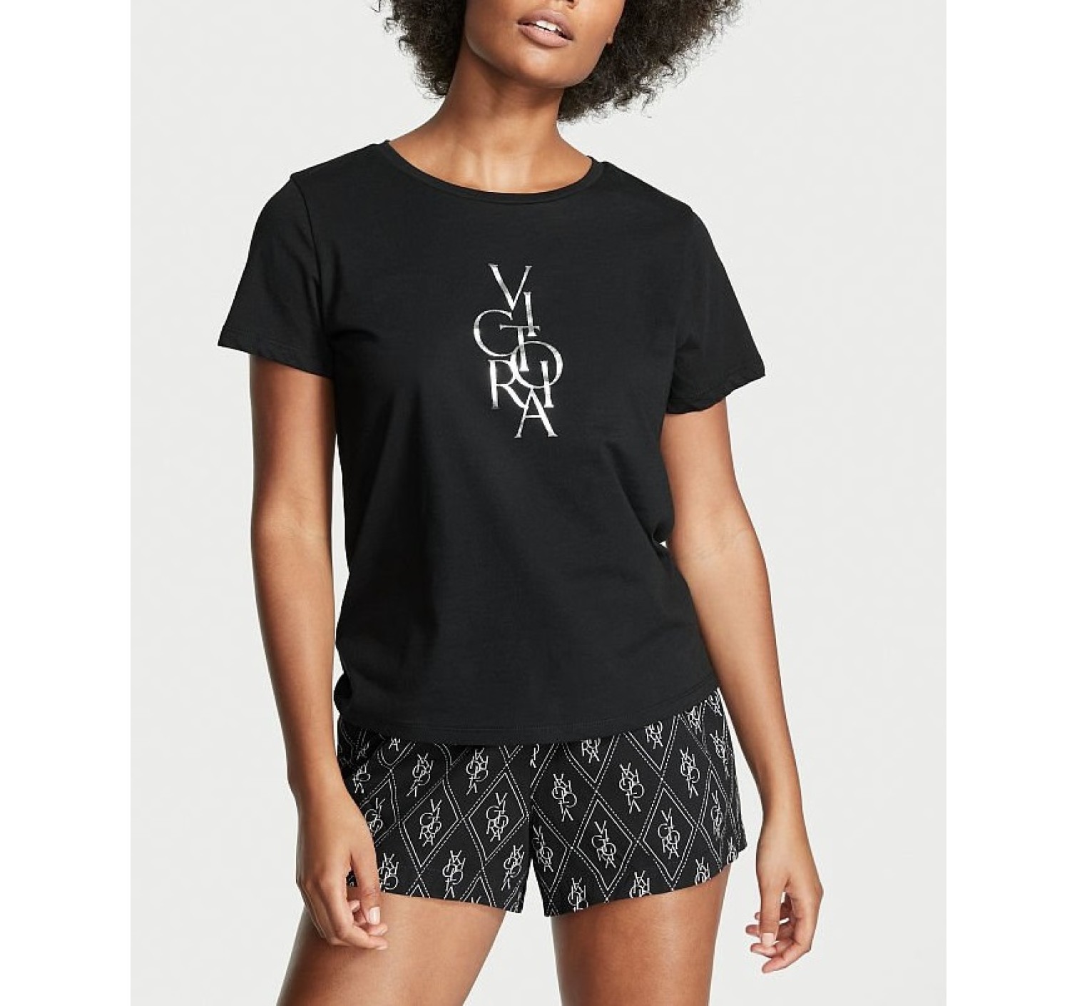 Пижама Victoria’s Secret Cotton Sleep Shirt Boxer Short Set Black Logo