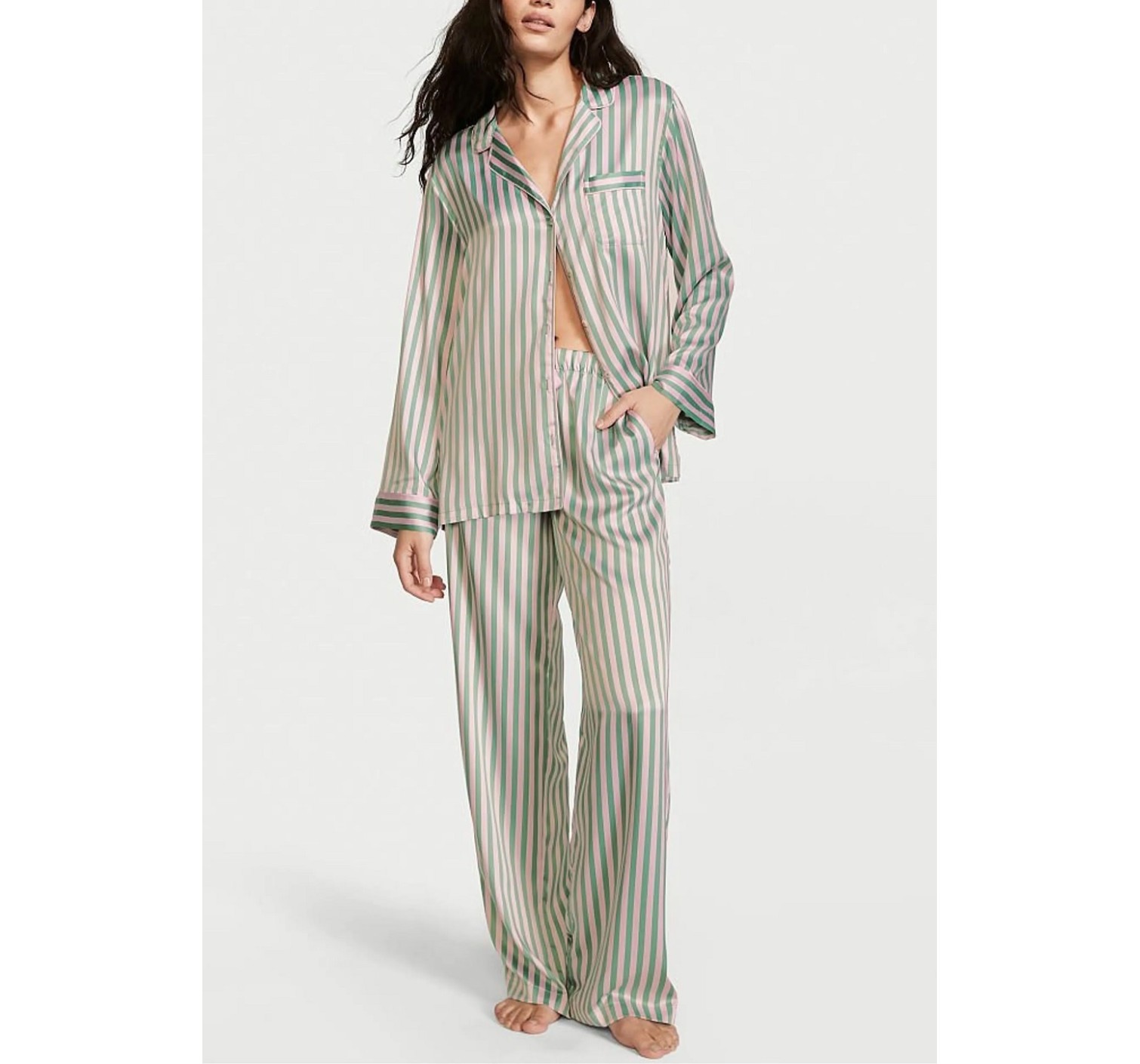 Сатиновая пижама Satin Long Pj Set Green Stripes