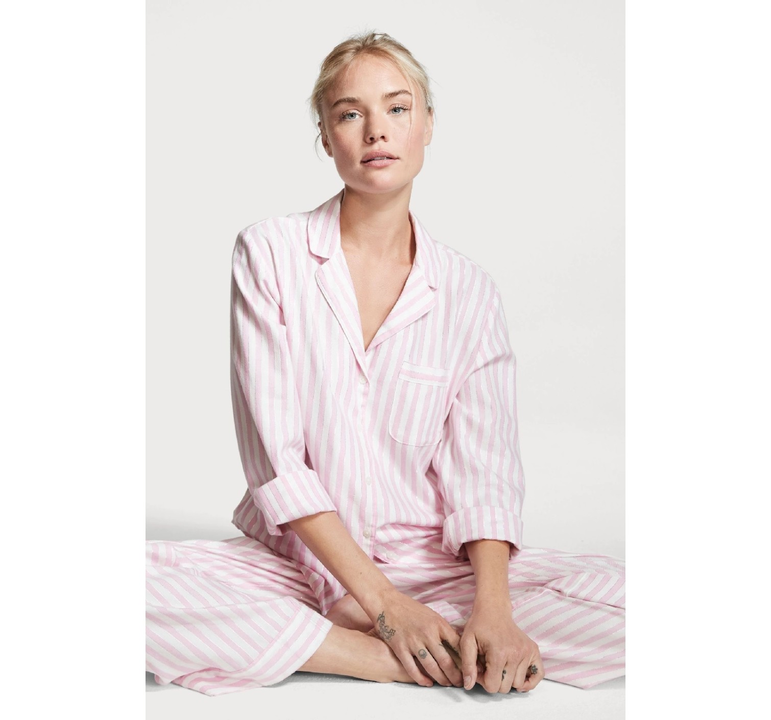 Пижама розовая в полоску Victoria’s Secret Flannel PJ Set Фланелевая с люрексом
