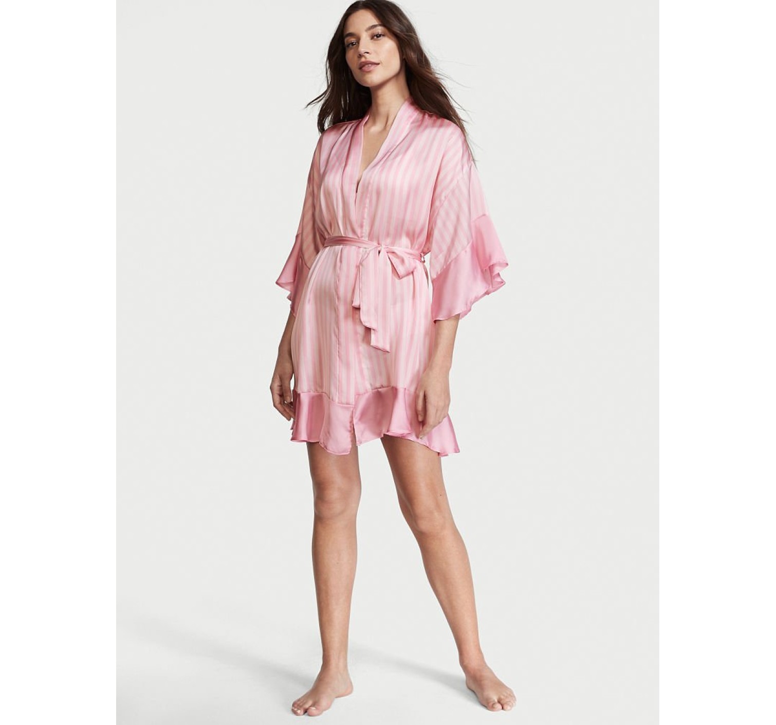 Сатиновый халат Виктория Сикрет Flounce Satin Robe Pink Stripes