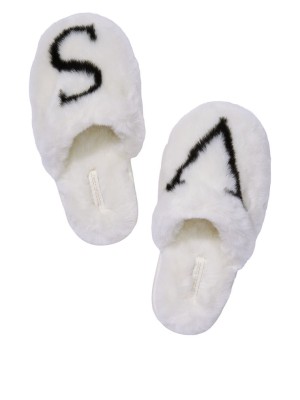 Домашні капці Victoria's Secret White Logo Faux Fur Slippers