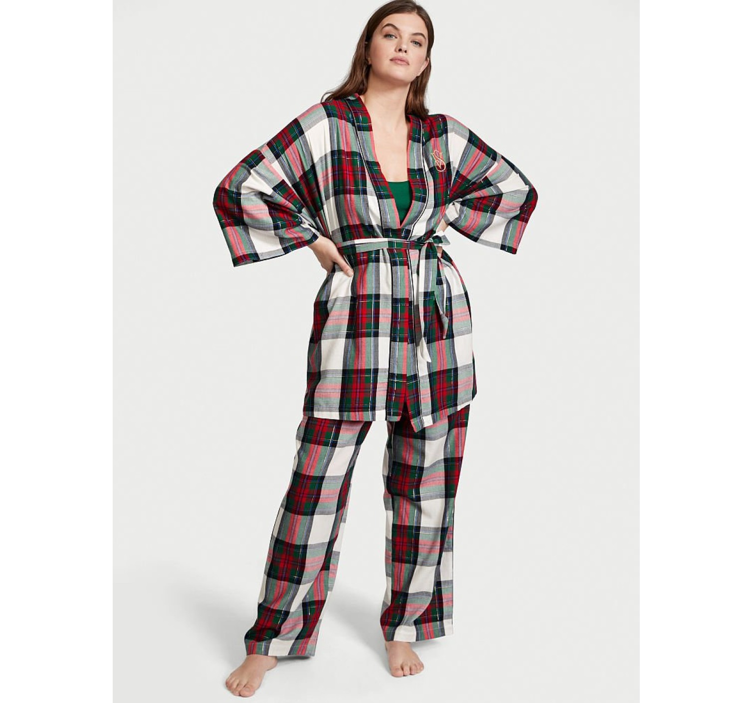 Пижама Victoria’s Secret Flannel 3-Piece Set White Green Plaid