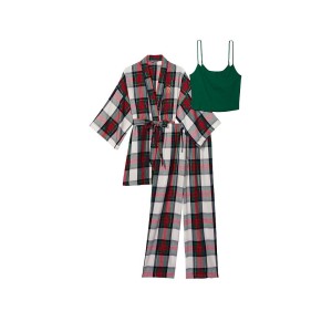 Пижама Victoria’s Secret Flannel 3-Piece Set White Green Plaid