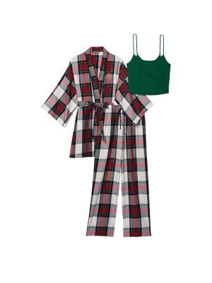 Пижама Victoria’s Secret Flannel 3-Piece Set White Green Plaid
