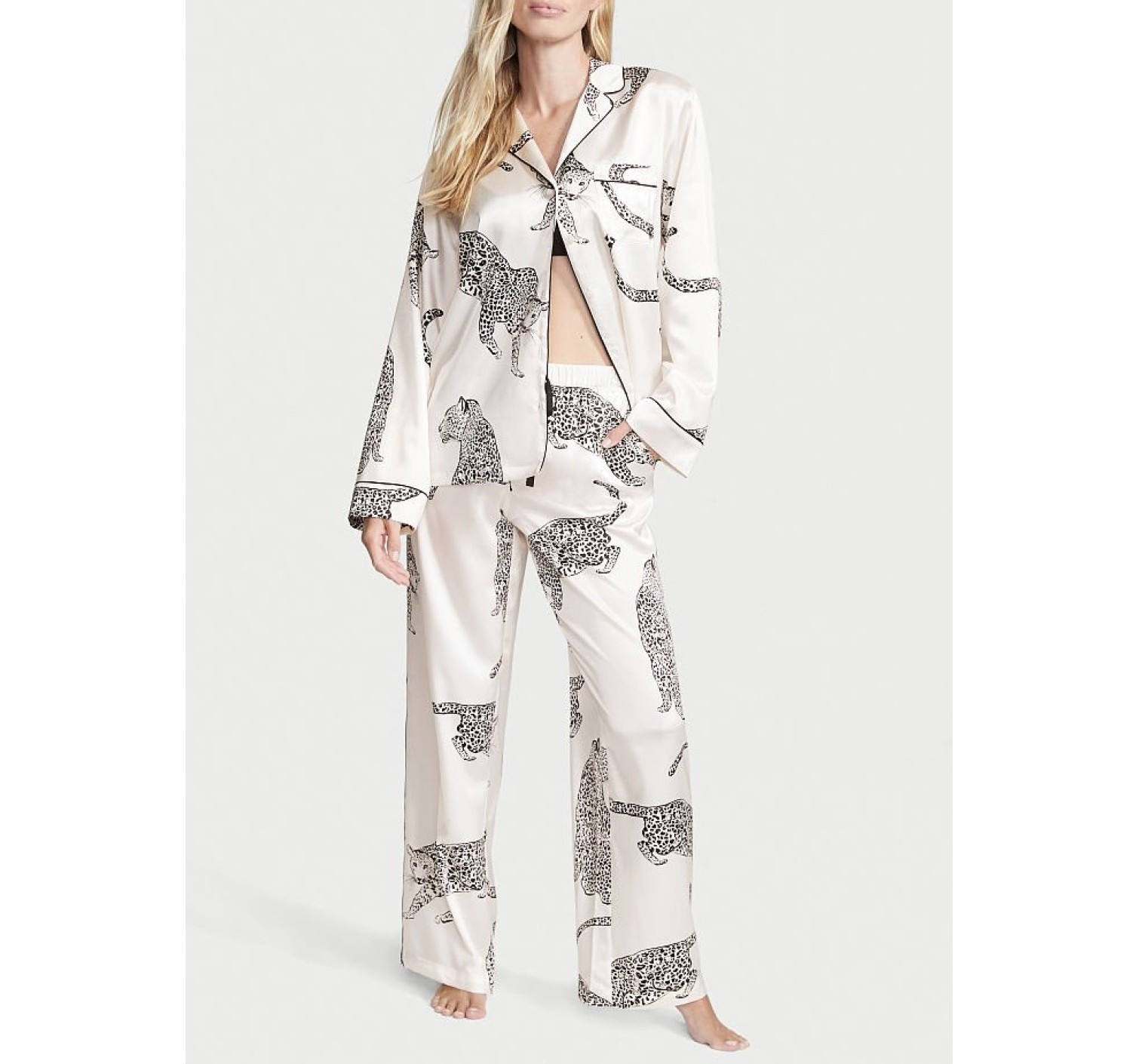 Пижама Victoria’s Secret The Satin Long PJ Set White Leopard