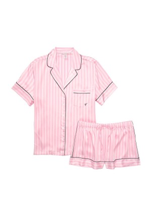 Сатиновая пижама в розовую полоску Victoria’s Secret Satin Short Pajama Set  Iconic Stripe