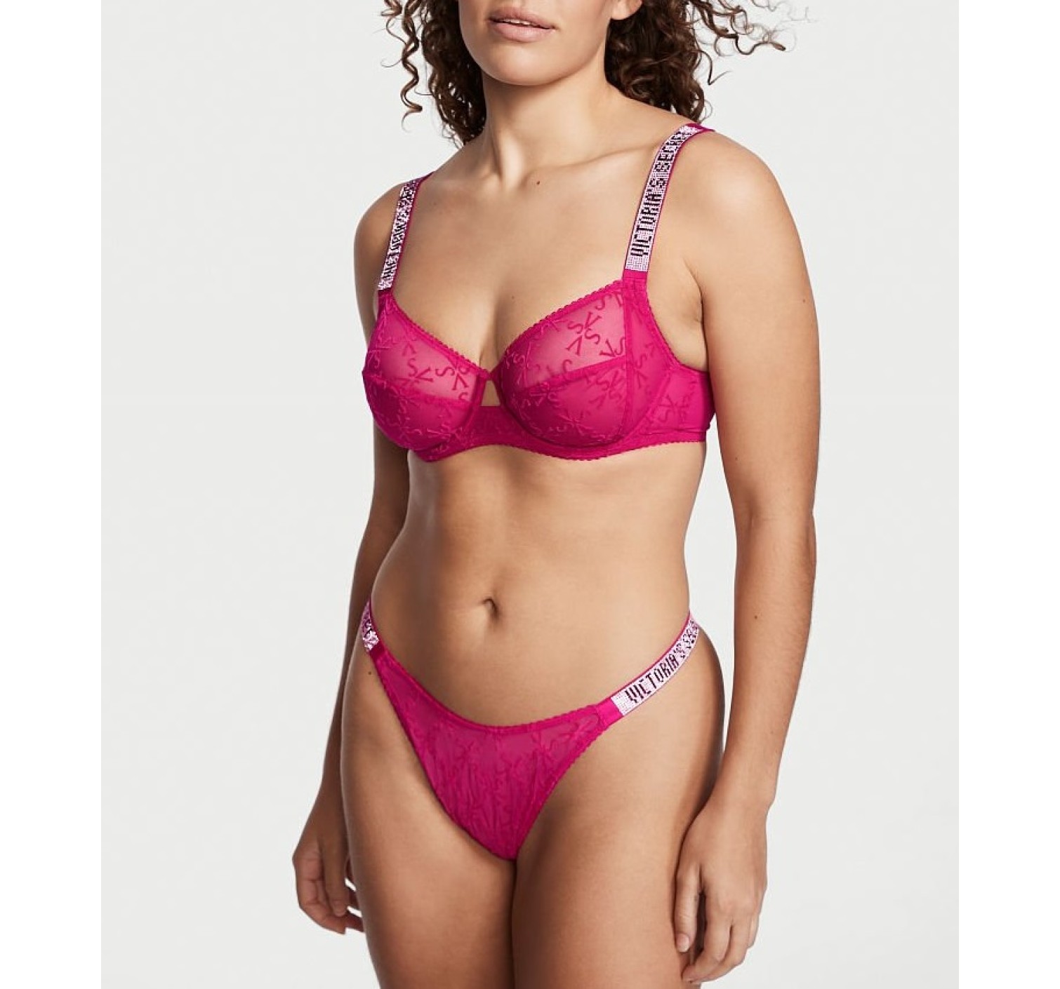 Трусики VS Very Sexy Lace logo with Shine Strap Thong panty Pink
