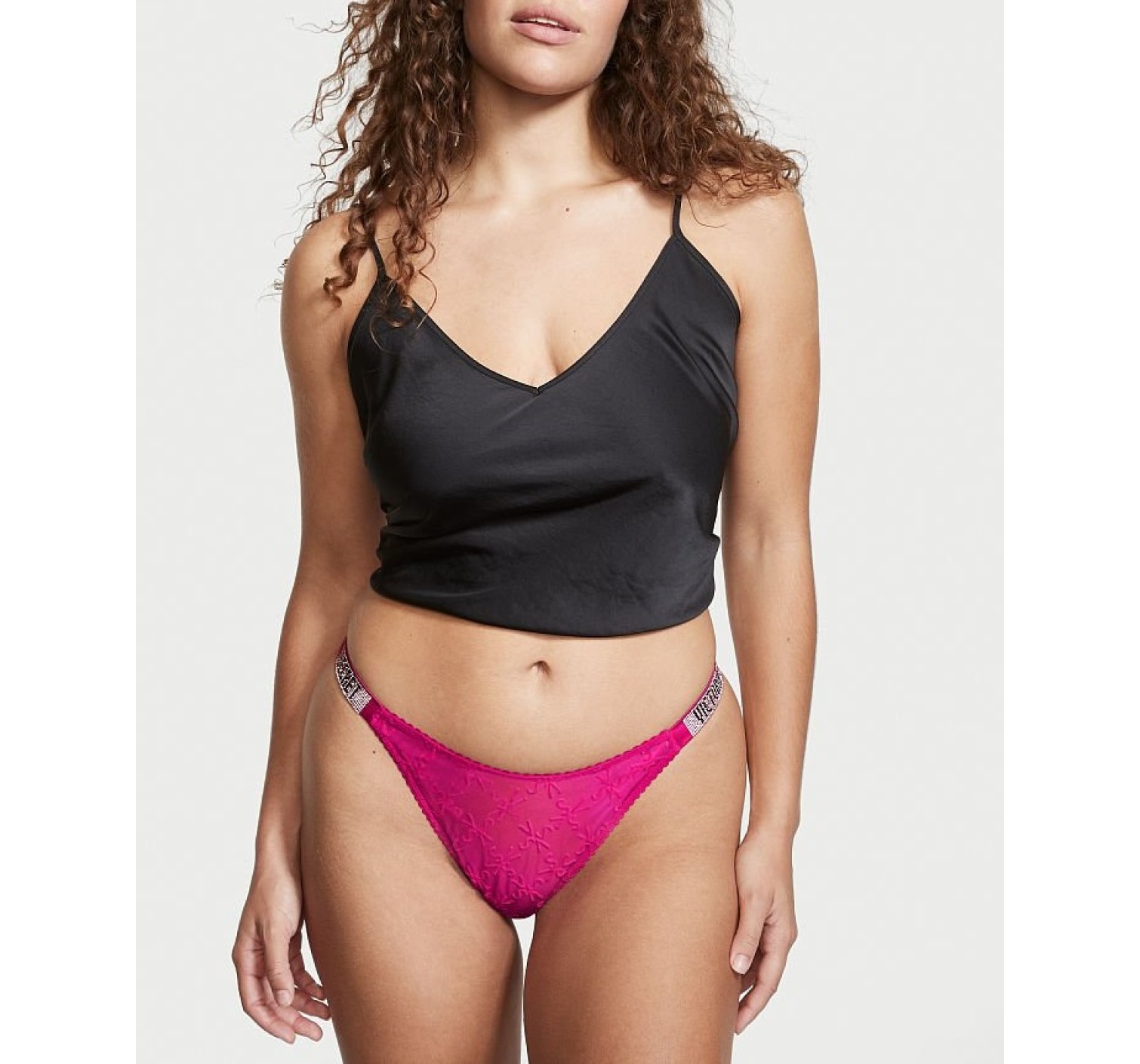 Трусики VS Very Sexy Lace logo with Shine Strap Thong panty Pink