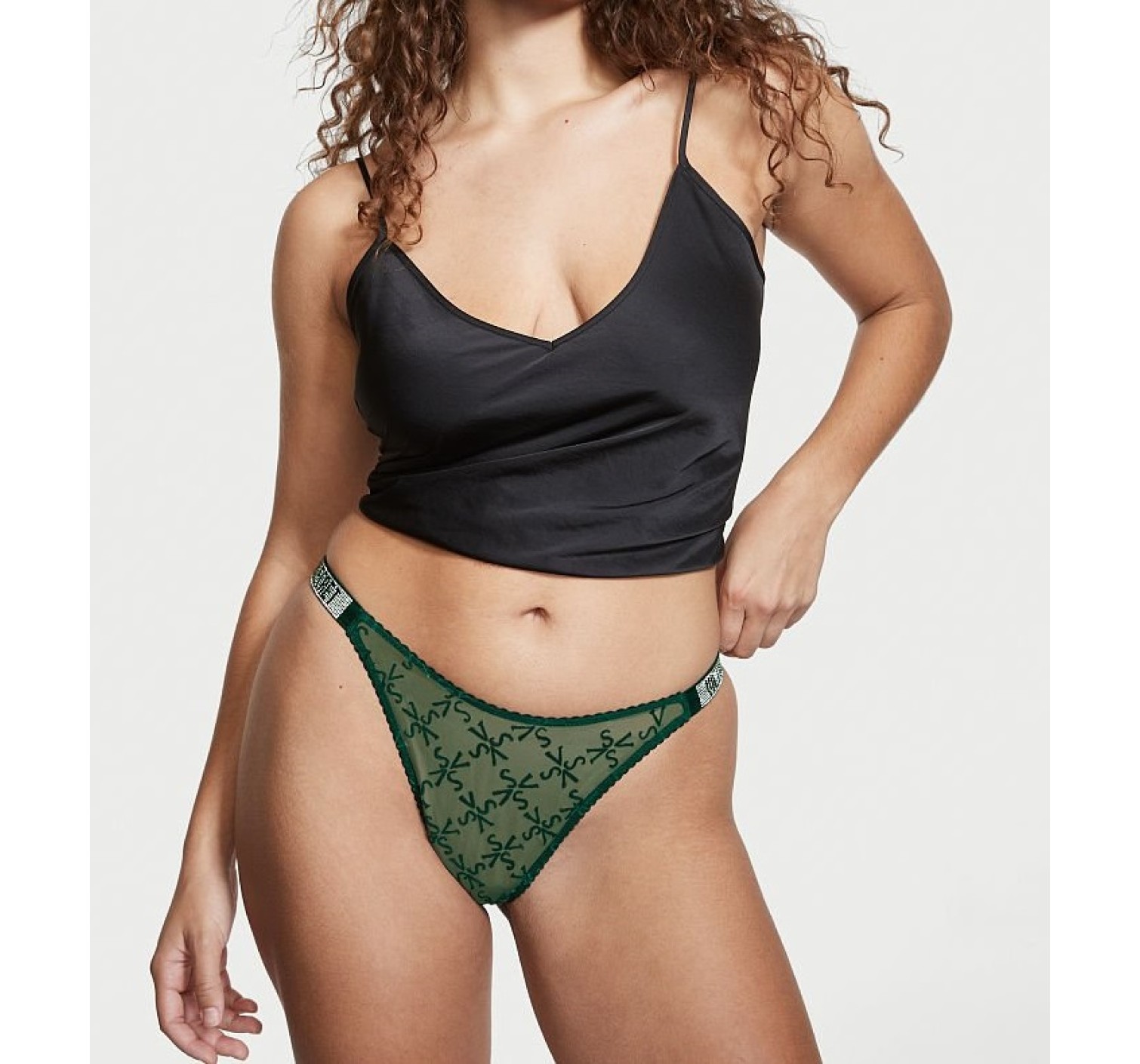 Трусики VS Very Sexy Lace logo with Shine Strap Thong panty Green