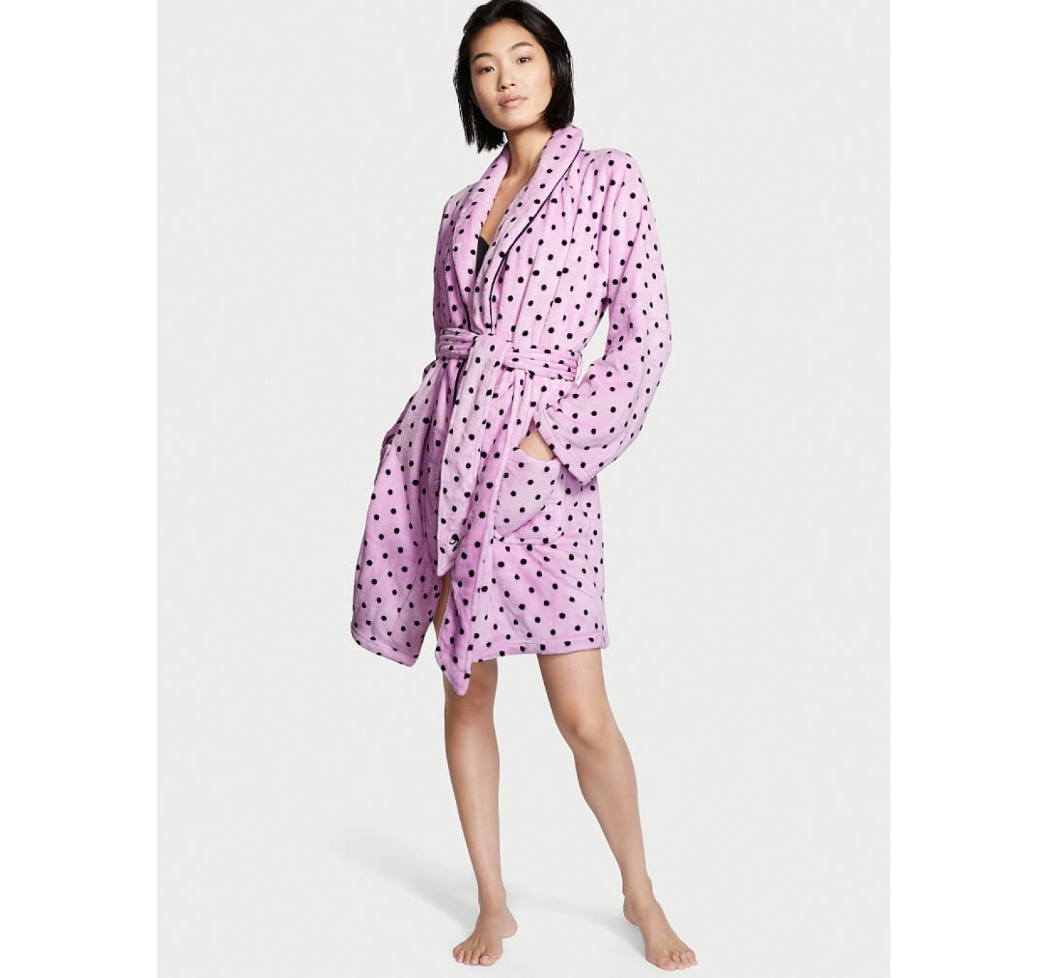 Плюшевий Халат Victoria's Secret Logo Short Cozy Robe Pink &amp; Black dot