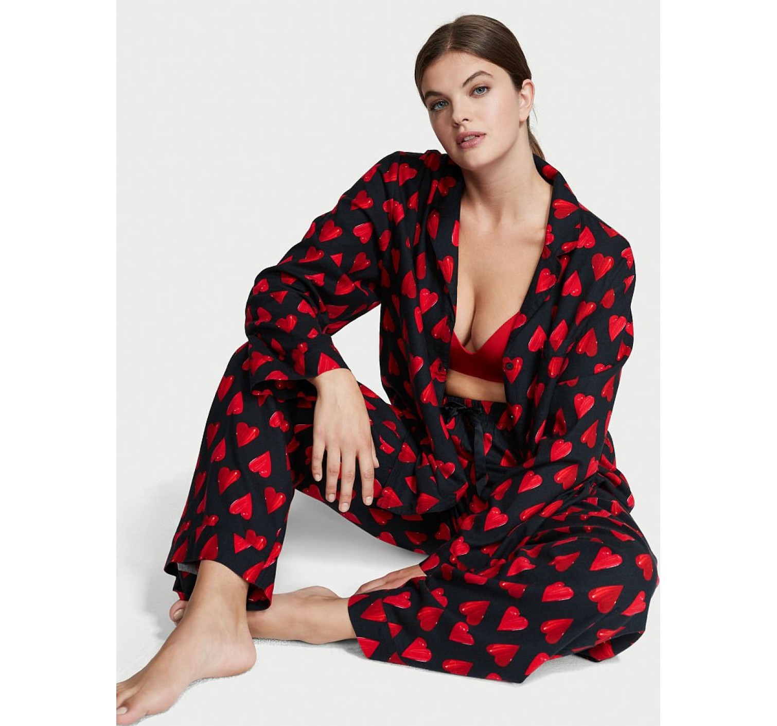 Пижама Victoria’s Secret Flannel Long PJ Set Black Painted Hearts