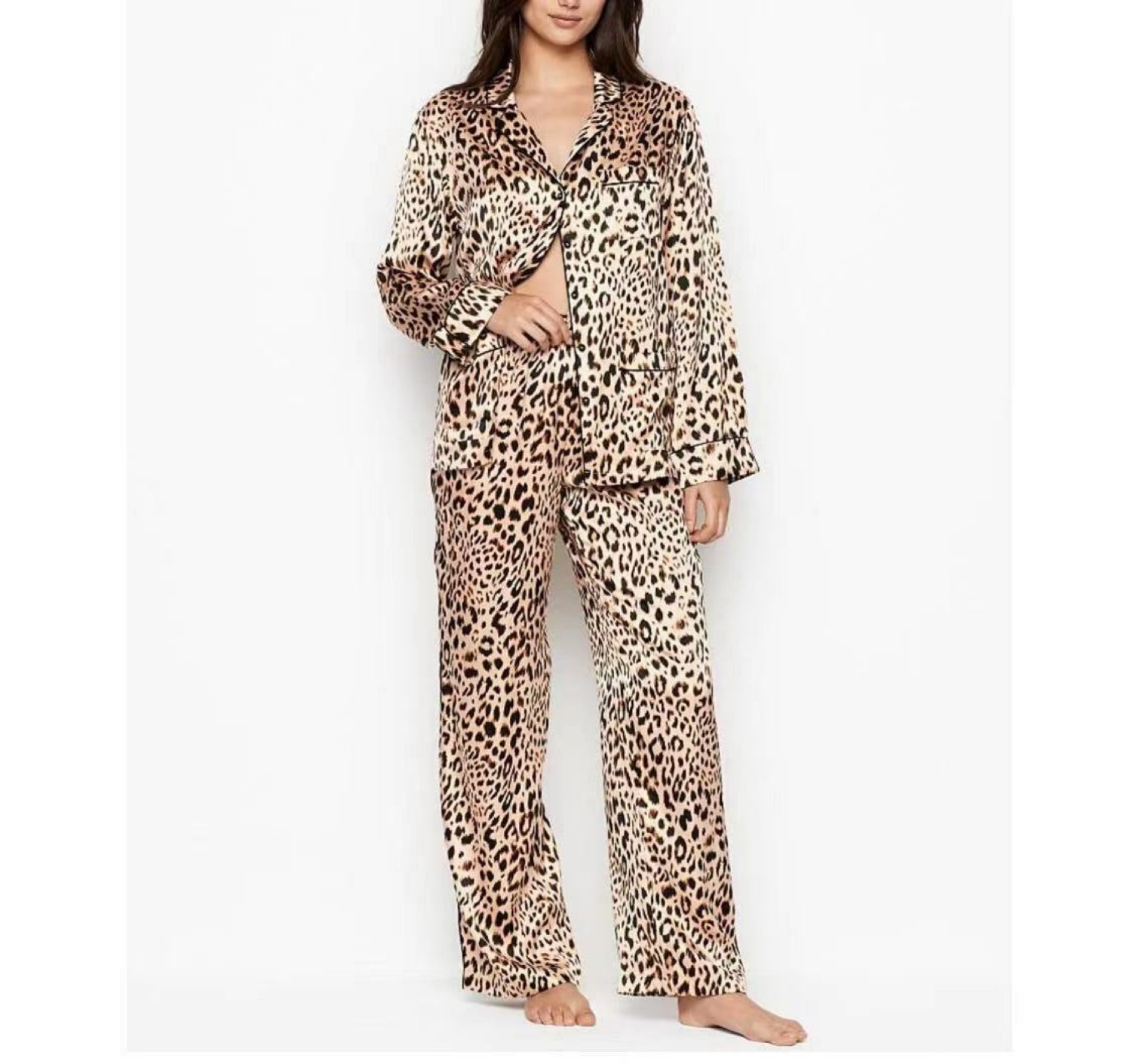 Шовкова Піжама Victoria's Secret Silk Long PJ Set Leopard