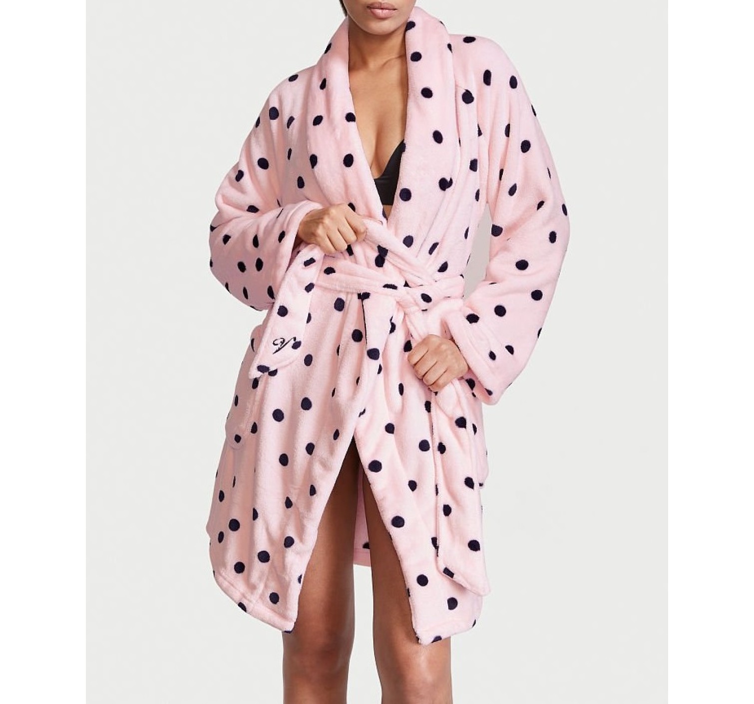 Плюшевый Халат Victoria’s Secret Logo Short Cozy Robe Angel Pink & Black dot
