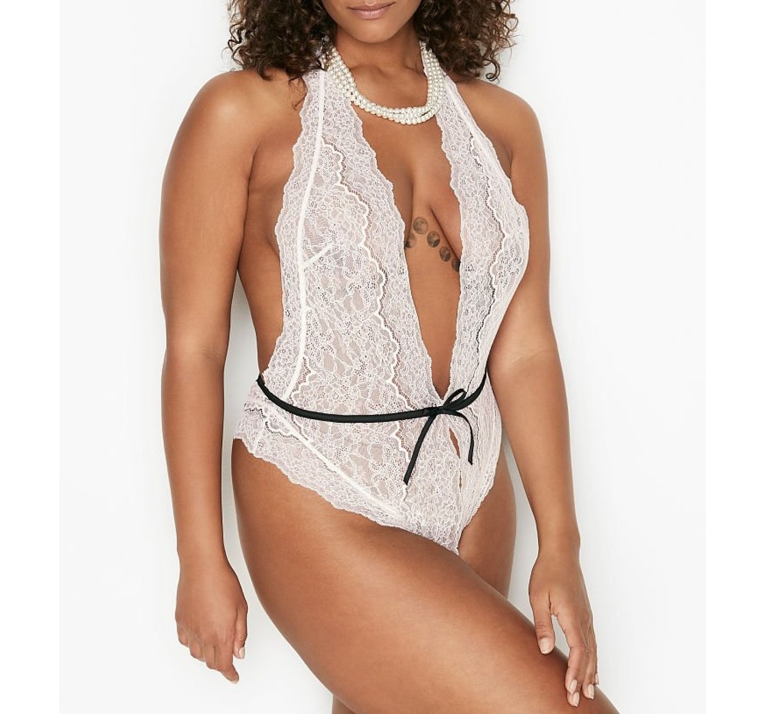 Кружевное боди Unlined Lace & Pearl Crotchless Teddy