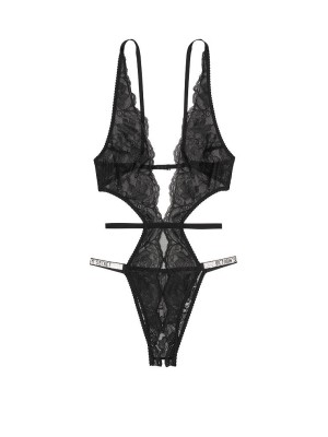 Боди Victoria’s Secret Very Sexy Black Lace Lightly Lined Logo Shine Strap Teddy