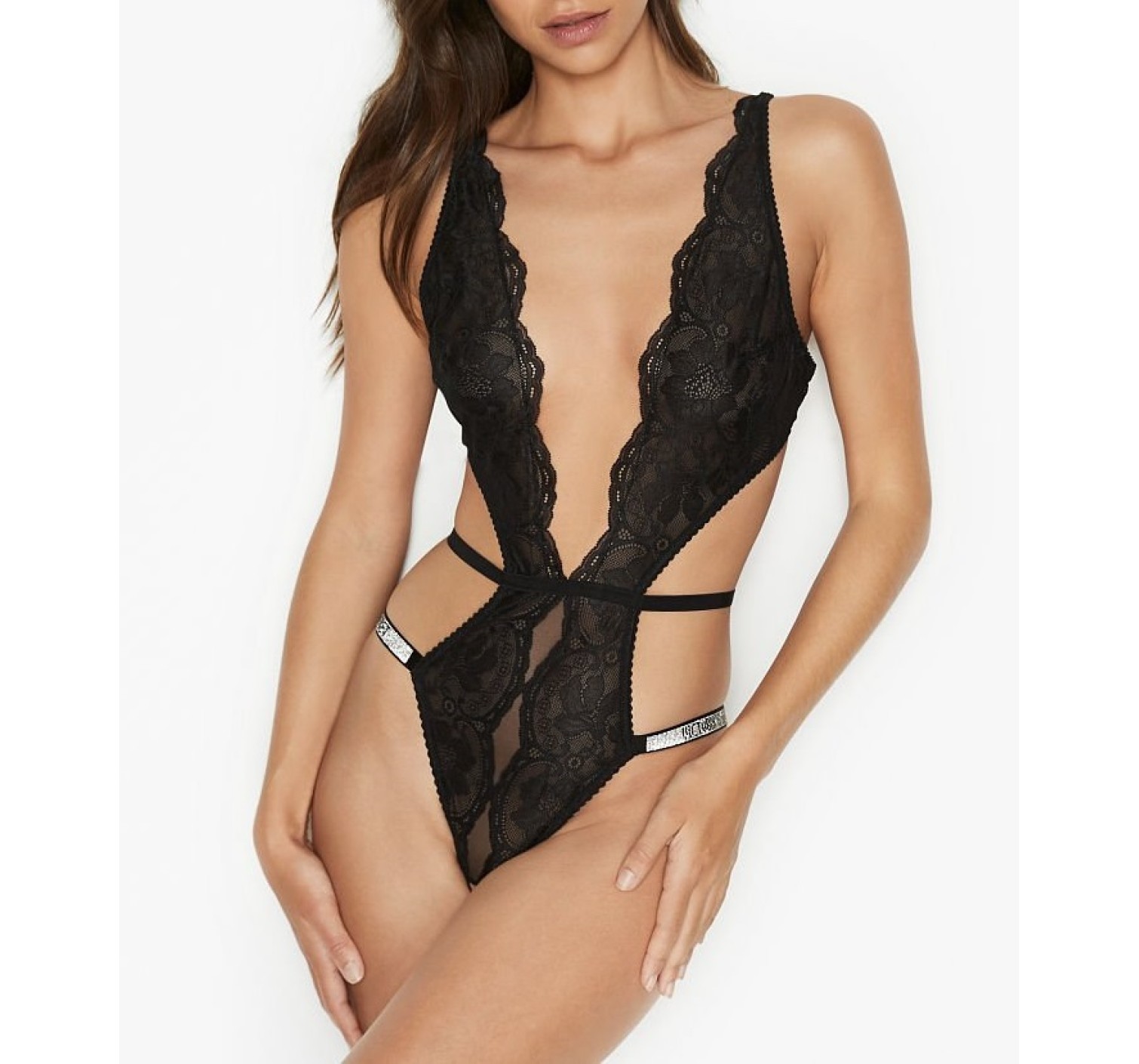 Боди Victoria’s Secret Very Sexy Black Lace Lightly Lined Logo Shine Strap Teddy