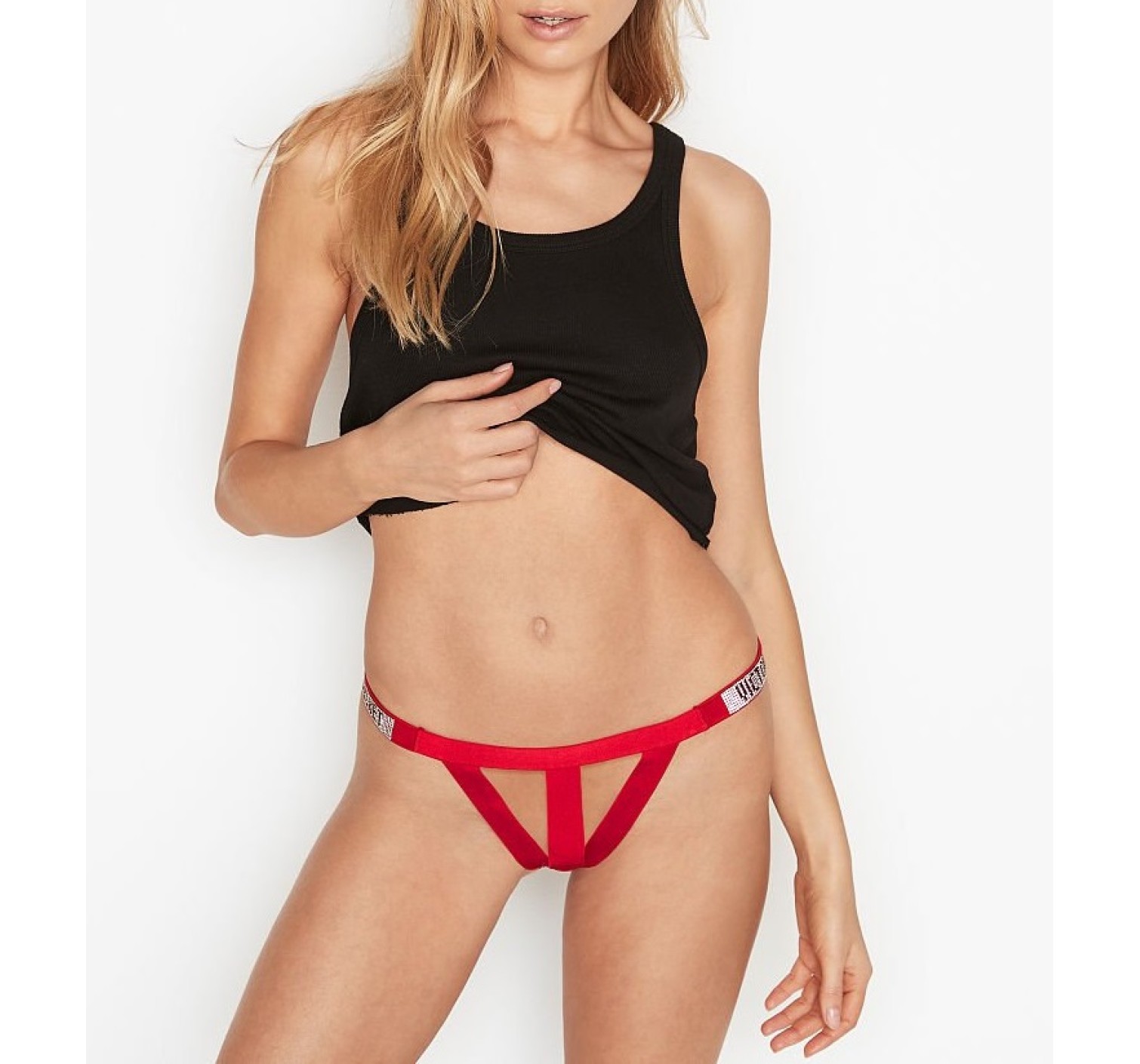 Трусики зі стразами VS Banded Shine Strap Thong Panty Lipstick