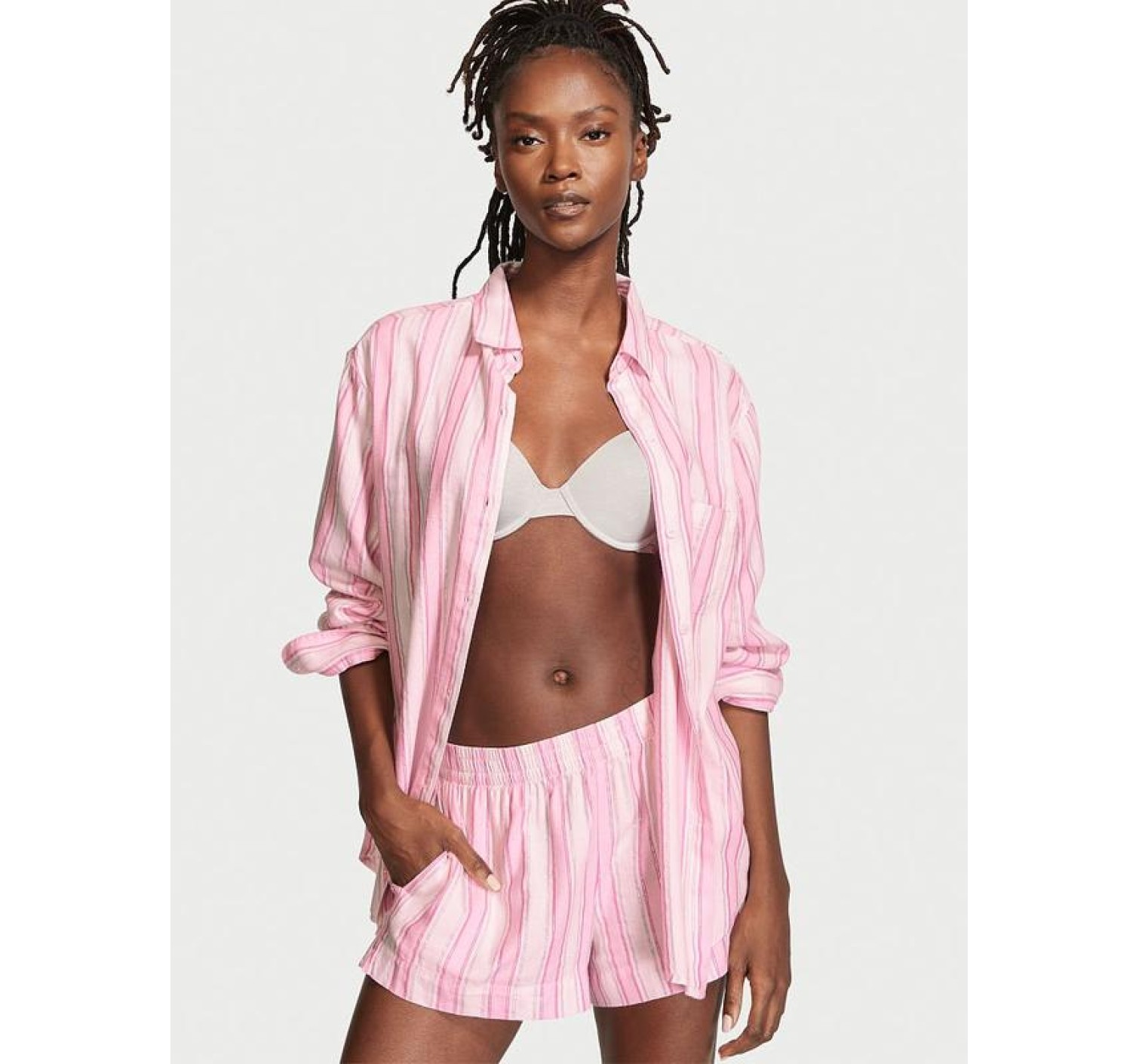 Пижама Victoria’s Secret Flannel long-sleeve Short PJ Set Pink Stripes