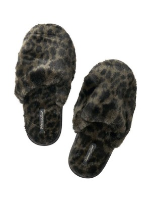 Домашние тапочки Faux Fur Slippers Black Leopard