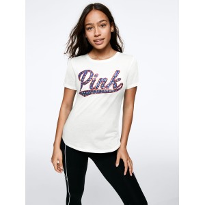 ФУТБОЛКА VICTORIAS SECRET SPORT - SEQUIN PRINT PINK LOGO - WHITE - S(р)