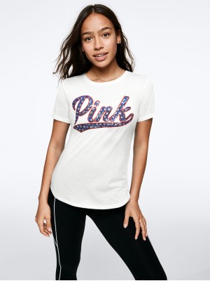 ФУТБОЛКА VICTORIAS SECRET SPORT - SEQUIN PRINT PINK LOGO - WHITE - S(р)