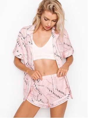 Пижама Victoria’s Secret The Lightweight Boxer PJ SET Print ANGEL PINK TYPED LOGOS VS