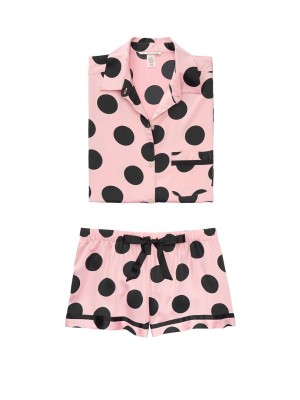 Сатиновая пижама Victoria’s Secret Satin PJ Set Short PINK/BLACK DOT